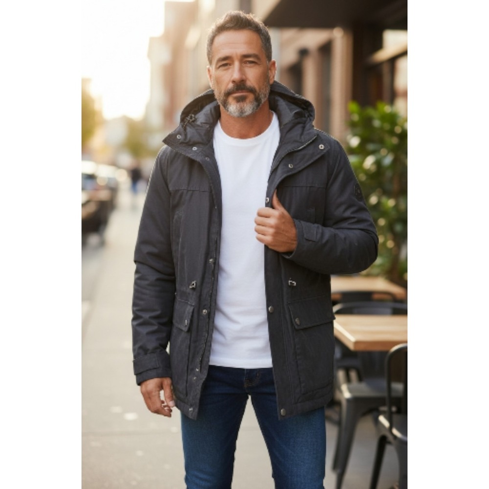 London Fog Mens Large Black Arctic Hooded Parka Winter Coat Faux Suede Insulated